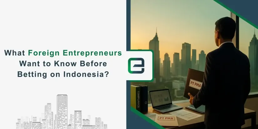 Foreign Entrepreneurs in Indonesia Entrepreneur with PT PMA files overlooking Jakarta skyline.